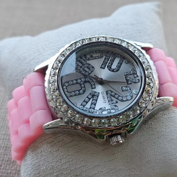 Women Wristwatch Pink Rubber Strap Silver Tone Case Crystal Accent Bezel Watch - Picture 3 of 11